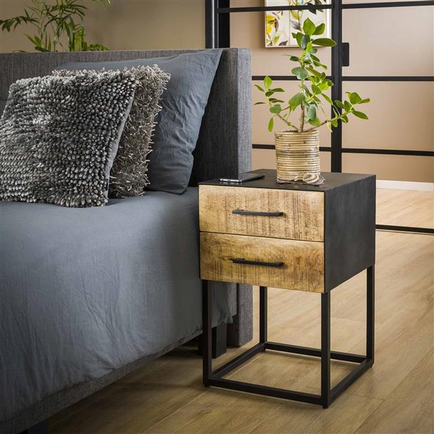 Nachttisch Metall Holz | 2 Schubladen | Hell Antik Massiv Mango