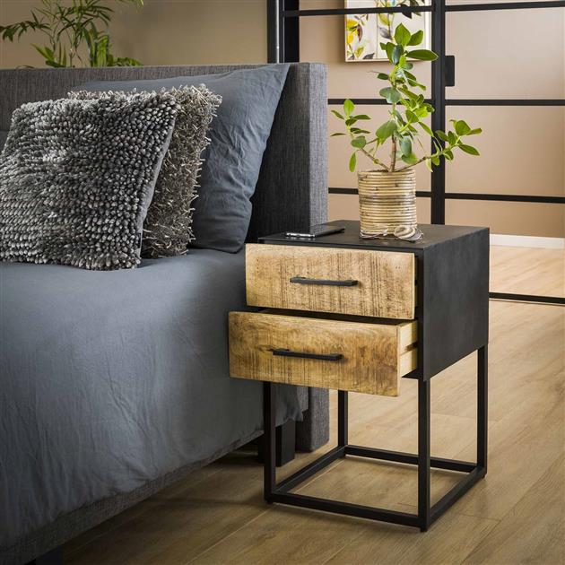 Nachttisch Metall Holz | 2 Schubladen | Hell Antik Massiv Mango