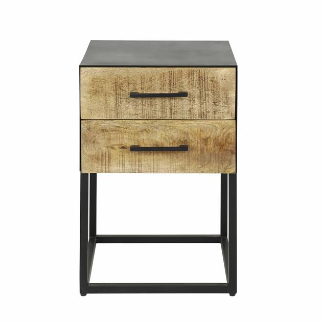 Nachttisch Metall Holz | 2 Schubladen | Hell Antik Massiv Mango