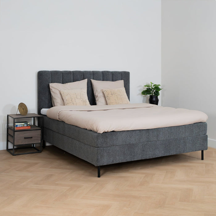 Bett Ella | Grauer Stoff | Inklusive Matratze und Topper