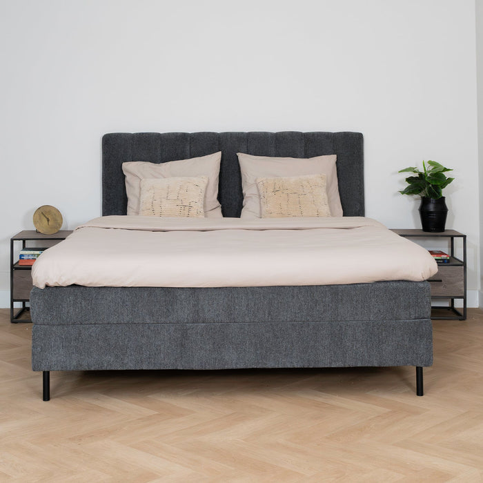 Bett Ella | Grauer Stoff | Inklusive Matratze und Topper