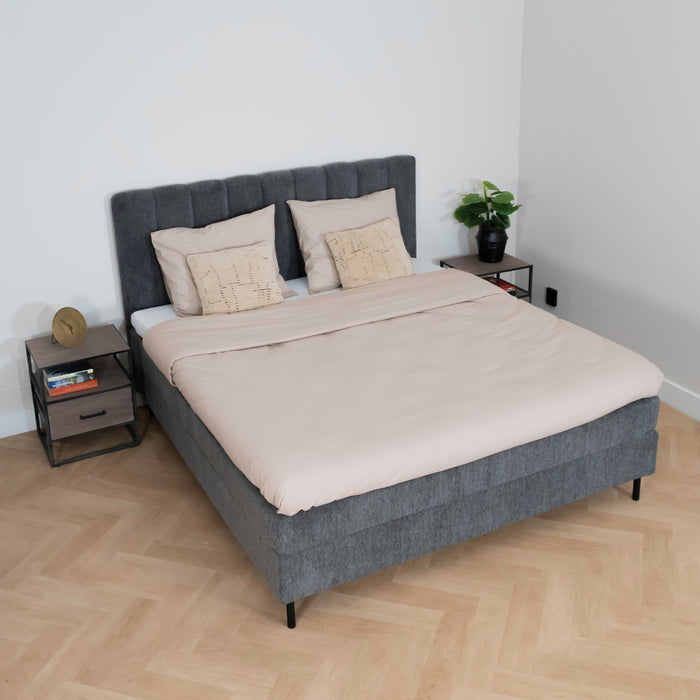 Bett Ella | Grauer Stoff | Inklusive Matratze und Topper