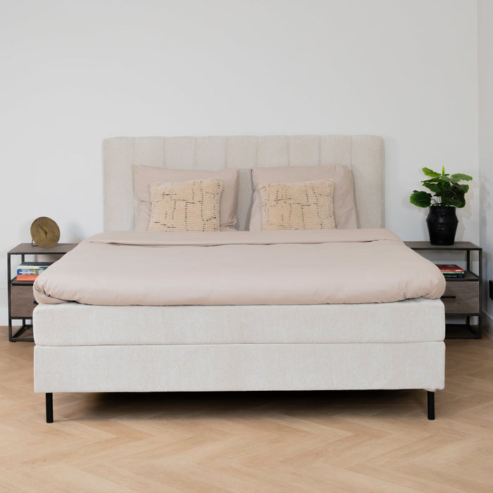 Bett Ella | Beiger Stoff | Inklusive Matratze und Topper