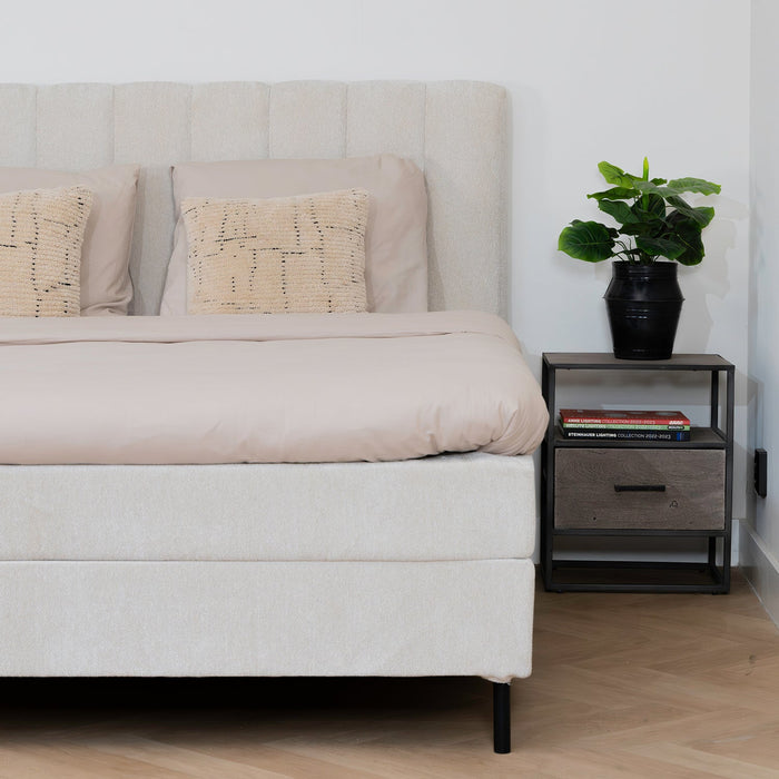Bett Ella | Beiger Stoff | Inklusive Matratze und Topper