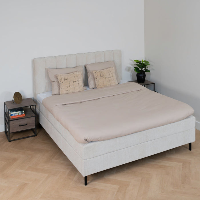 Bett Ella | Beiger Stoff | Inklusive Matratze und Topper