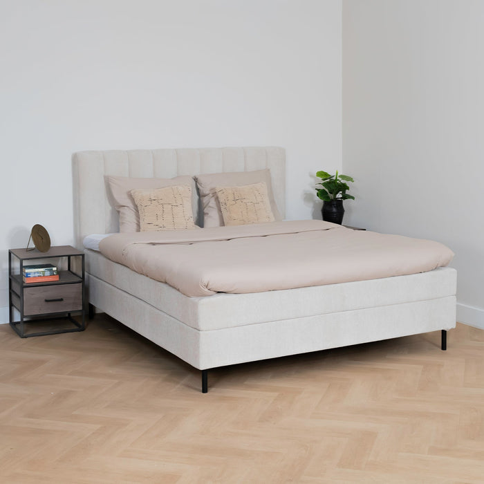 Bett Ella | Beiger Stoff | Inklusive Matratze und Topper