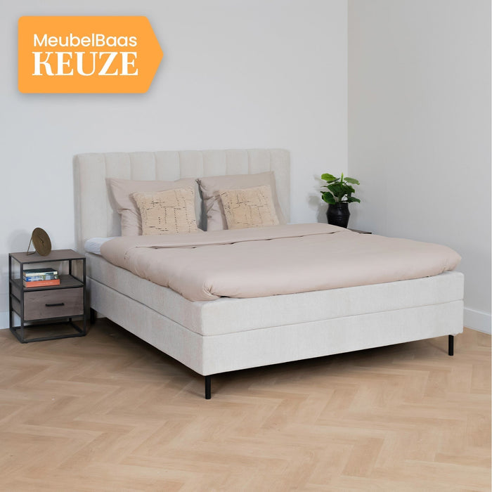 Bett Ella | Beiger Stoff | Inklusive Matratze und Topper