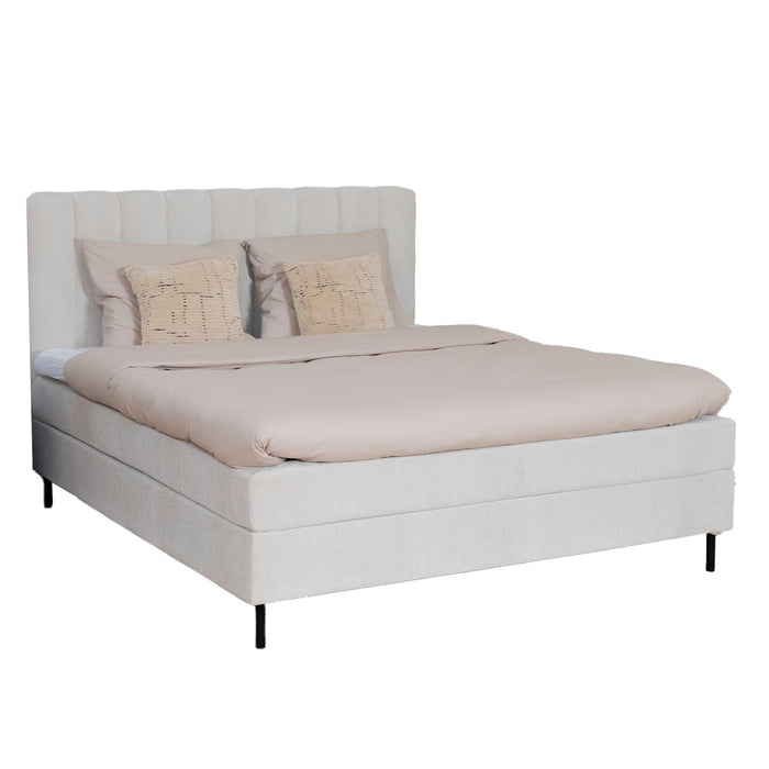 Bett Ella | Beiger Stoff | Inklusive Matratze und Topper