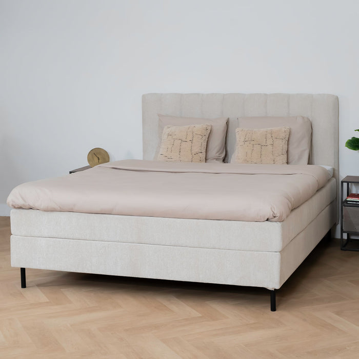 Bett Ella | Beiger Stoff | Inklusive Matratze und Topper