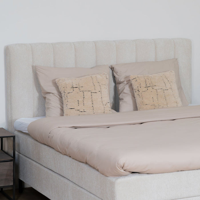 Bett Ella | Beiger Stoff | Inklusive Matratze und Topper