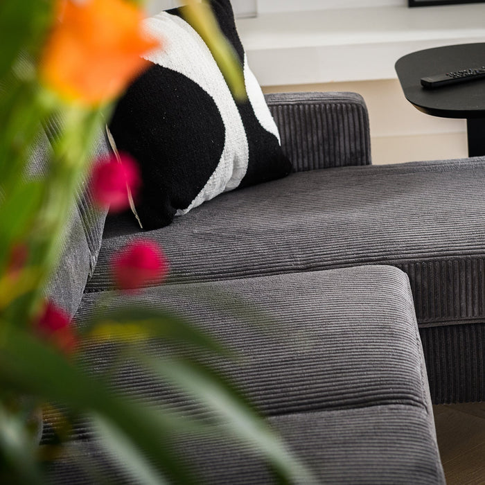 Eckstuhl Auckland | Graues Ribcord | Langer Sessel L+P