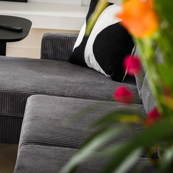 Eckstuhl Auckland | Graues Ribcord | Langer Sessel L+P
