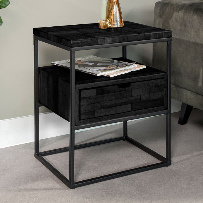 Nachttisch Grey Block | 1 Schublade | Schwarzes Teakholz