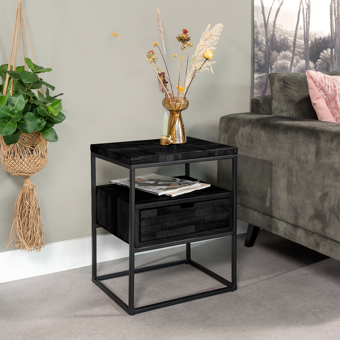 Nachttisch Grey Block | 1 Schublade | Schwarzes Teakholz